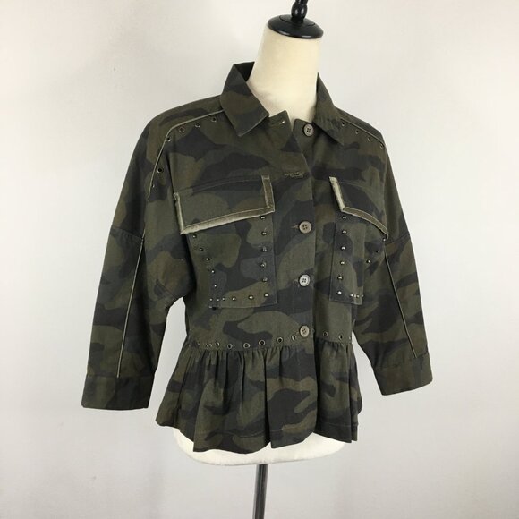 JOIE Green Mix Camo Print SAMIA Dolman Sleeve Studded Ruffle Peplum Hem Jacket - Picture 5 of 13